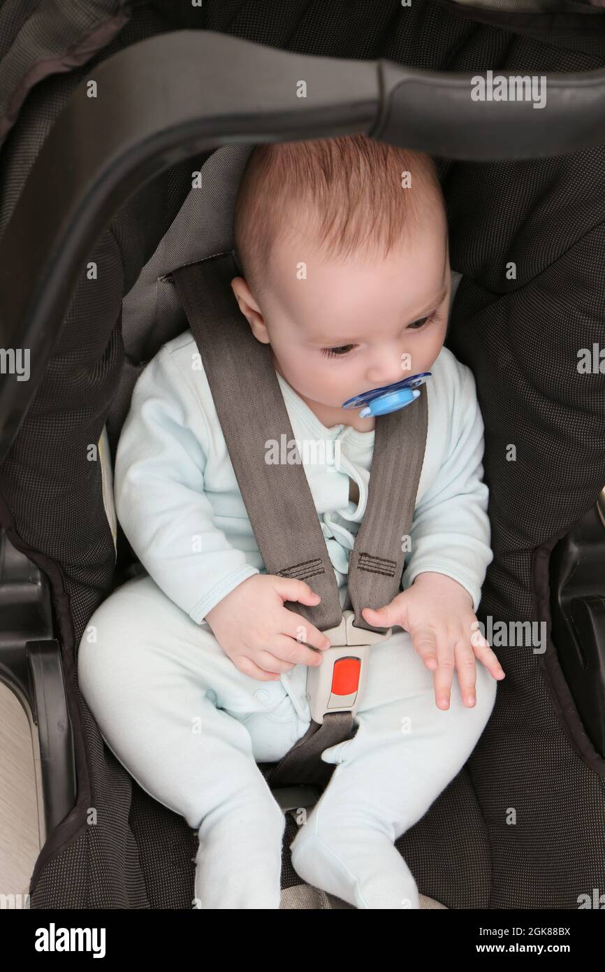 Cute baby boy with pacifier sitting in safety car seat Stock Photo Alamy