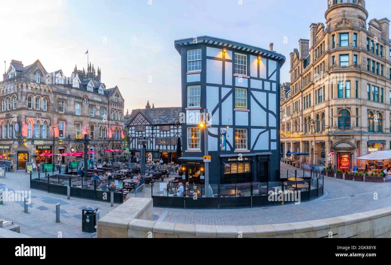 View of The Corn Echange and Oyster Bar in Exchange Square at dusk, Manchester, Lancashire, England, United Kingdom, Europe Stock Photo