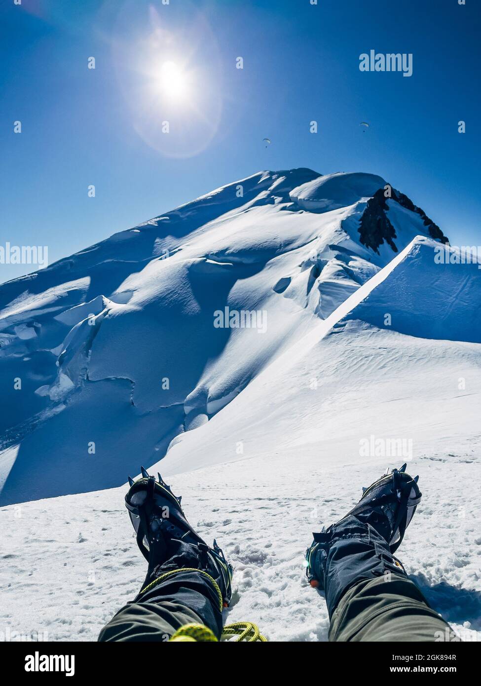 Climbing last steps under Mont Blanc (Monte Bianco) summit 4,808m snowy
