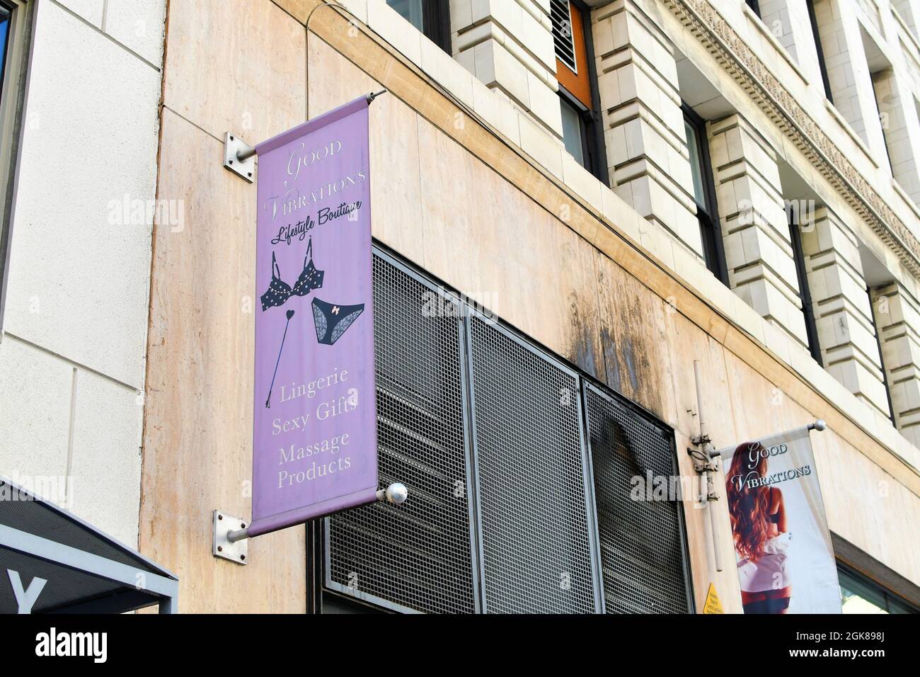 Banner at Good Vibrations, a sex-positive adult toy retailer in San  Francisco, California; store selling lingerie, toys, books, movies, massage  oils Stock Photo - Alamy