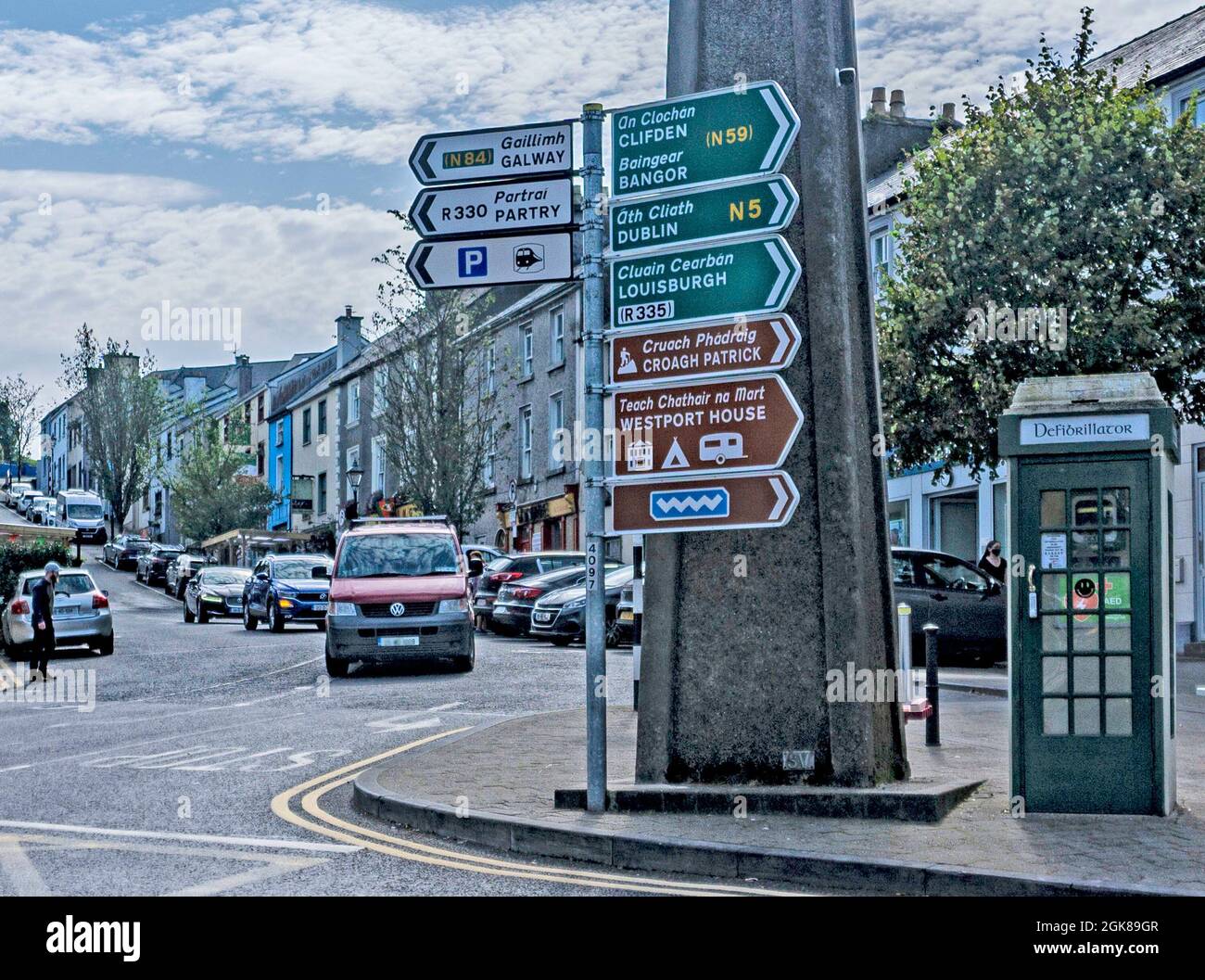 A traffic direction signpost in Westport, County Mayo, Ireland. With directions for Galway, Dublin and Louisburgh among others. Stock Photo