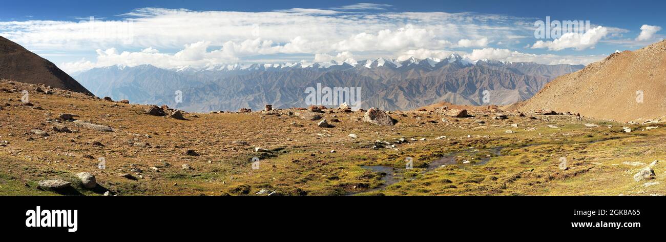 Panoramic view from Ladakh Range to Stok Kangri Range - Ladakh - Jammu and Kashmir - India Stock Photo