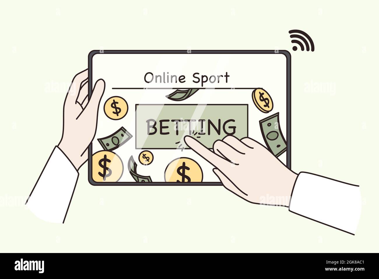 Online betting and making money concept. sports game. Human hands pushing online betting button on tablet screen for making profit money vector illustration Stock Vector