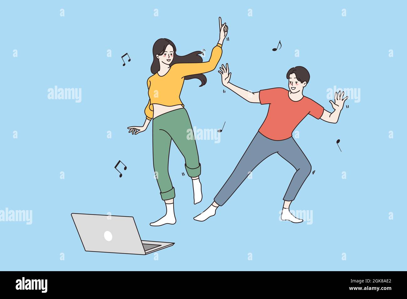 Video games and technologies concept. Young smiling Couple girl and boy cartoon characters Dancing and enjoying playing video online game together vector illustration  Stock Vector