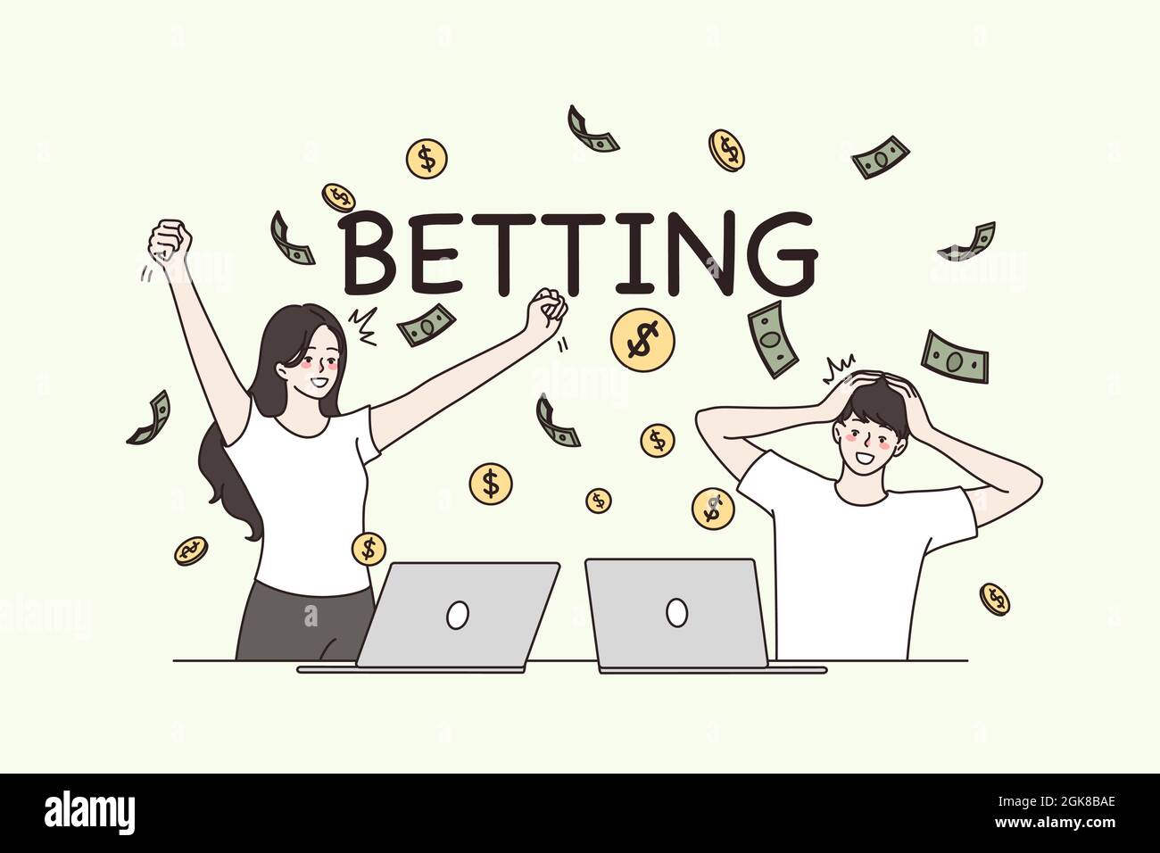 Online betting and bet service concept. sports game. Young happy smiling couple cartoon characters standing watching online sports broadcast winning much money on betting vector illustration Stock Vector