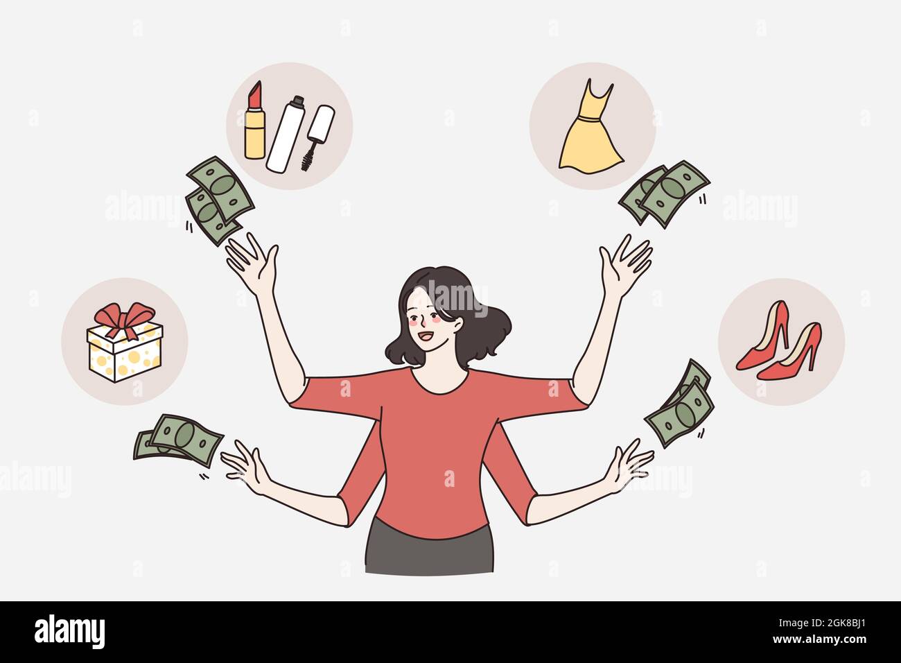 Wasting money and shopaholic concept. Young woman with many hands throwing money cash around her to buy different goods vector illustration  Stock Vector