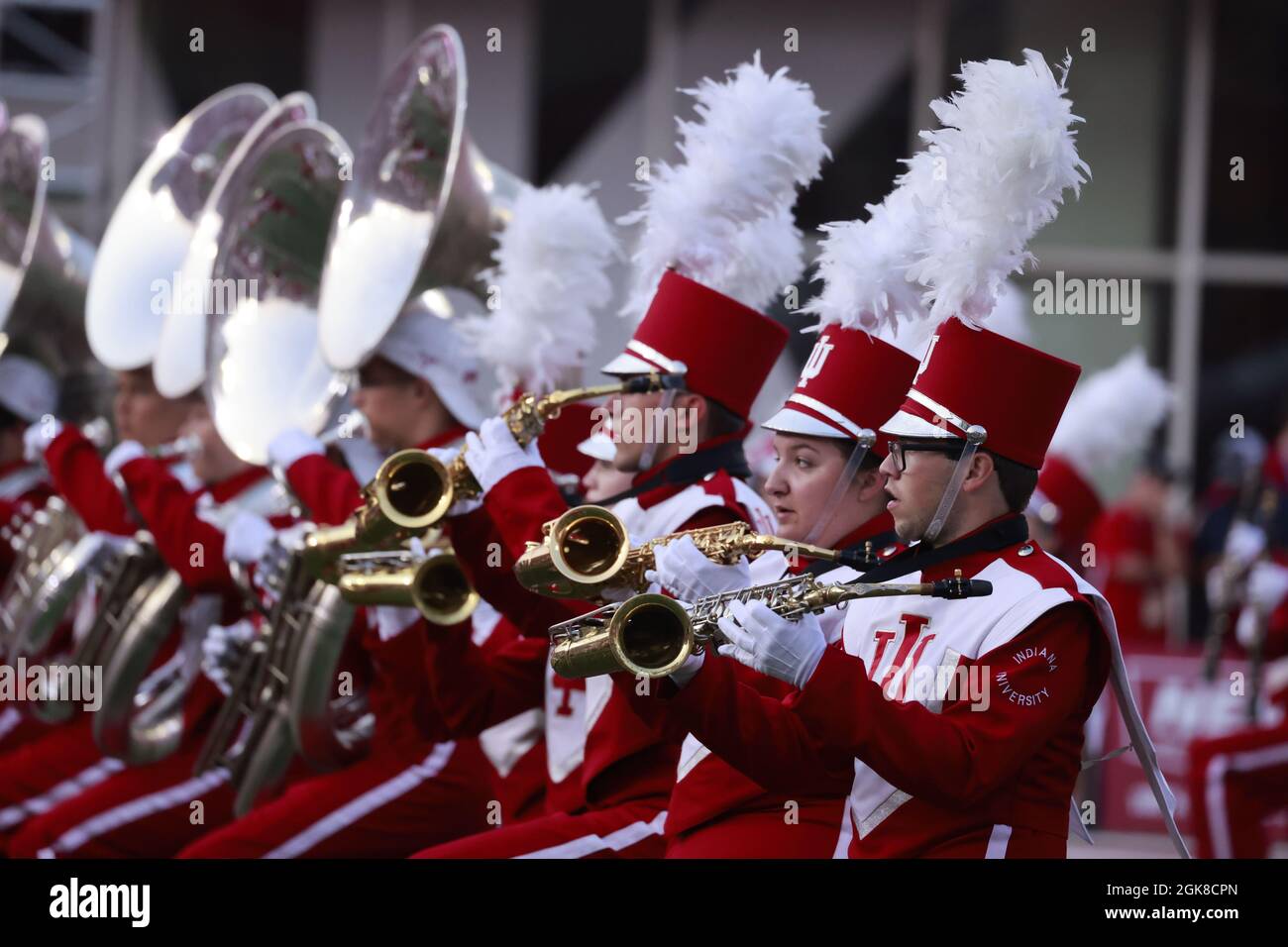 BLOOMINGTON, UNITED STATES - 2021/09/11: Marching 100 marching band plays on the field before Indiana University's plays against Idaho during an NCAA football game on September 11, 2021 at Memorial Stadium in Bloomington, Ind. The Hoosiers beat the Vandals 56-14. Stock Photo