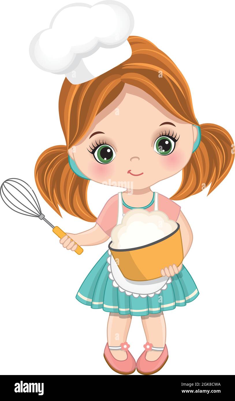 Cute Little Girl Wearing Chef Toque Mixing Flour in Bowl. Vector Cute ...