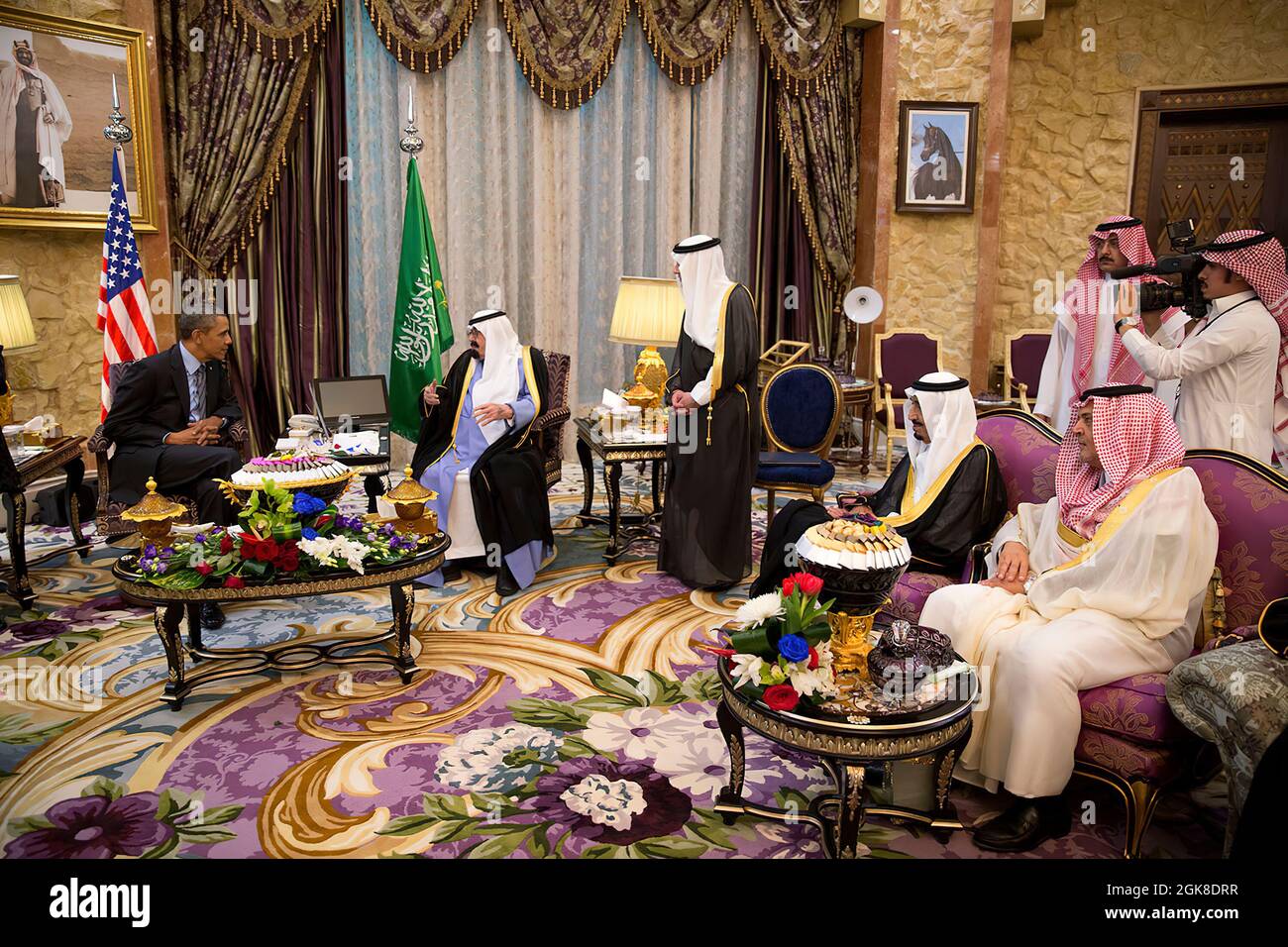 President Barack Obama meets with King Abdullah bin Abdulaziz Al Saud of the Kingdom of Saudi Arabia at Rawdat Khuraim in Saudi Arabia, March 28, 2014. This official White House photograph is being made available only for publication by news organizations and/or for personal use printing by the subject(s) of the photograph. The photograph may not be manipulated in any way and may not be used in commercial or political materials, advertisements, emails, products, promotions that in any way suggests approval or endorsement of the President, the First Family, or the White House. Stock Photo