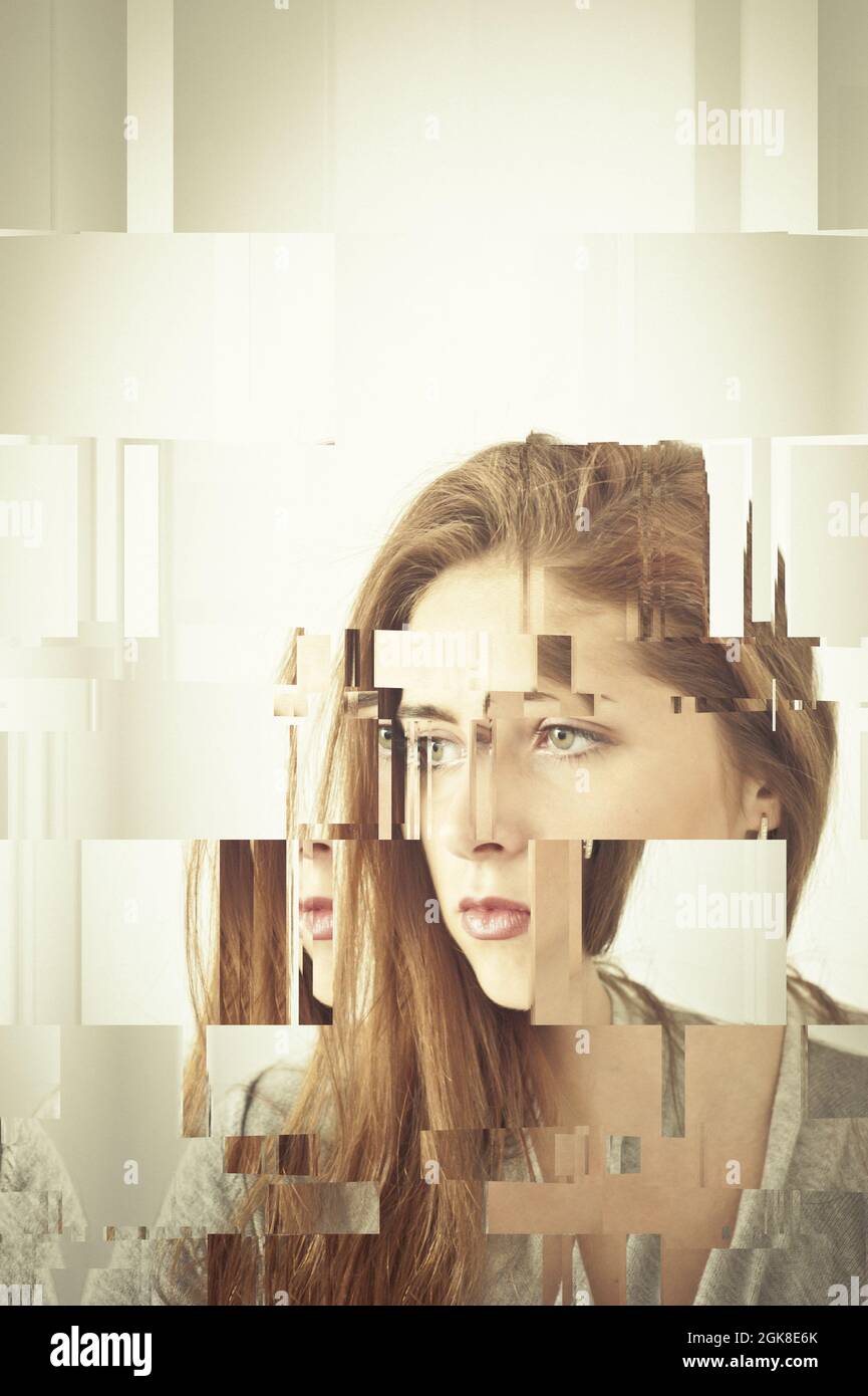 woman portrait with glitches and fragmented, shattered self esteem and identity crisis concept Stock Photo