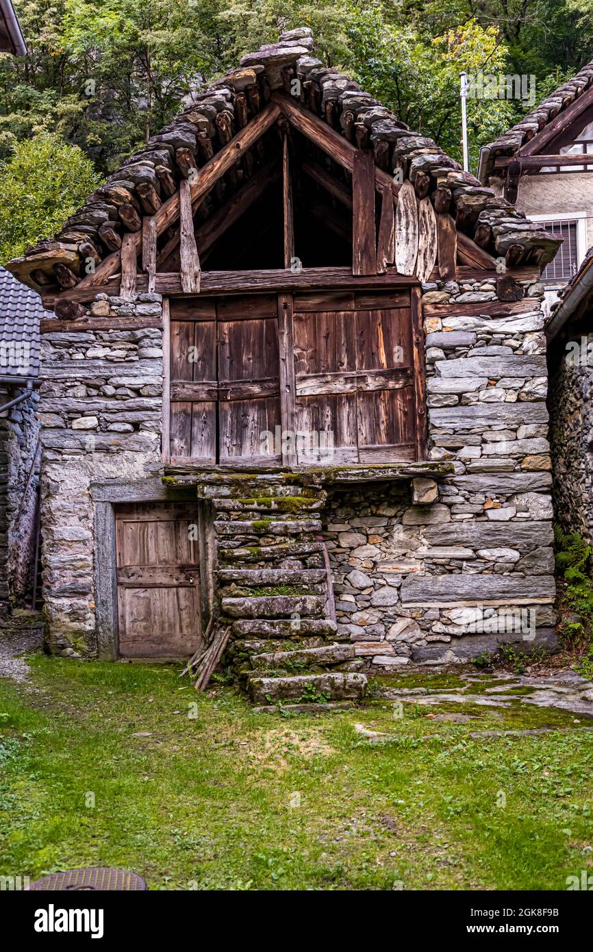 Historic stone house in Moghegno, Circolo della Maggia, Switzerland Stock Photo