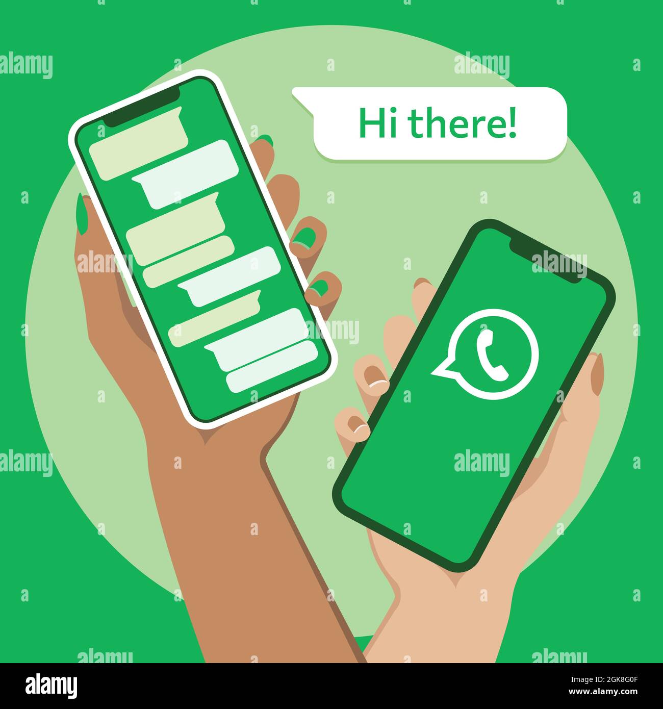 Two hands of woman holding smartphones with Whatsapp chat screen. Vector illustration. Flat colors. Green background. Stock Vector