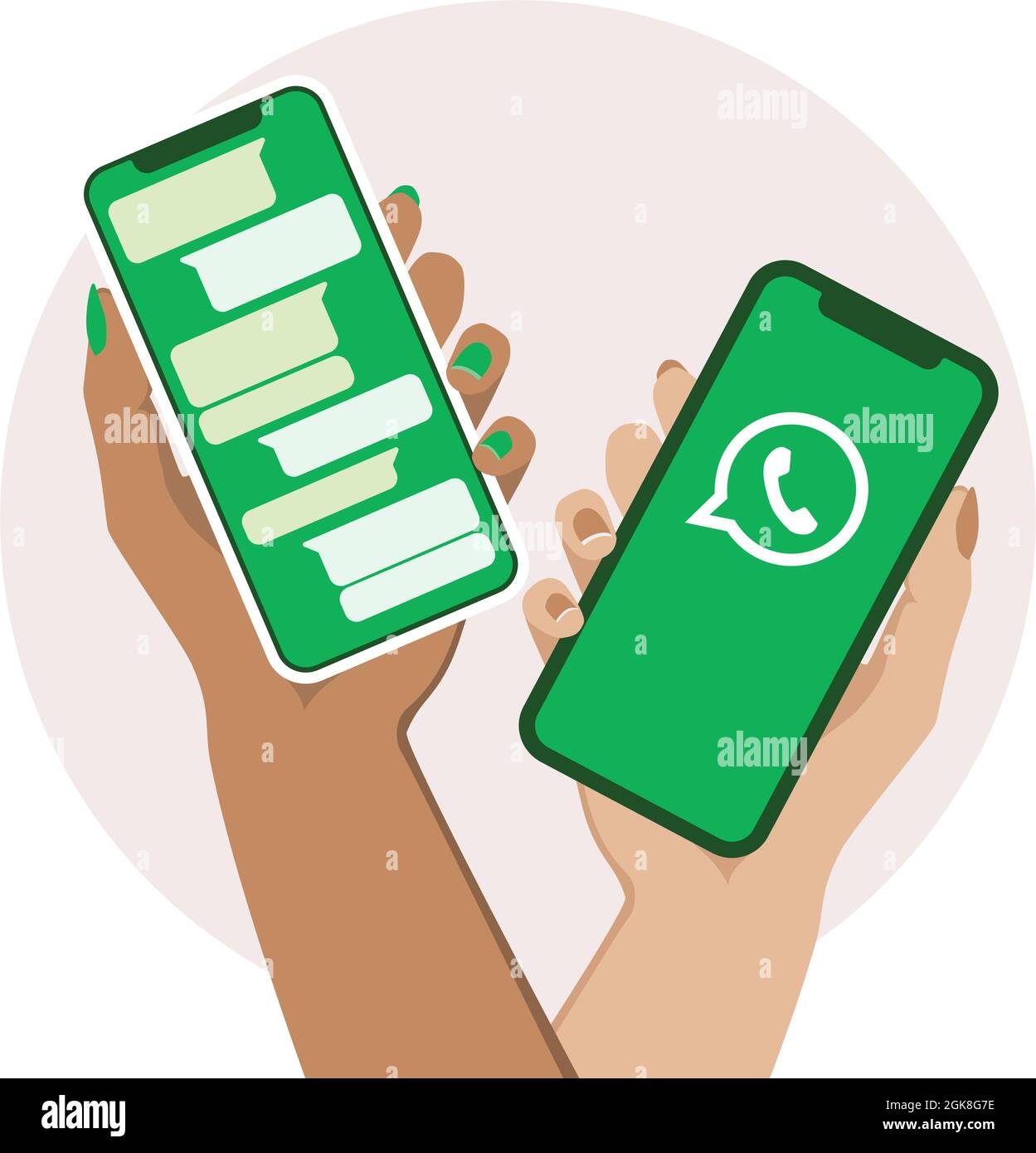 Two hands of woman holding smartphones with Whatsapp chat screen. Vector illustration. Flat colors. Stock Vector