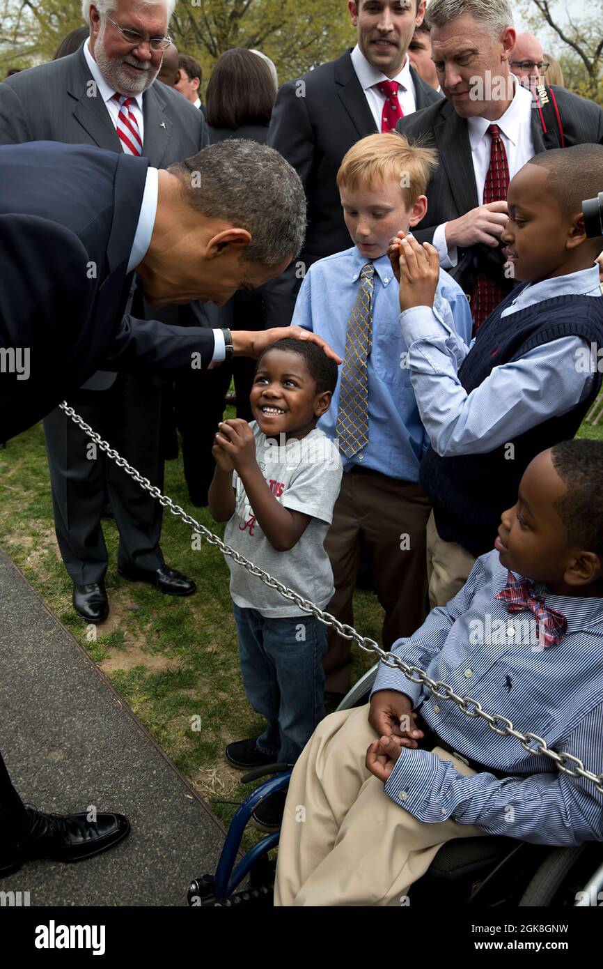 April 15, 2013'Gotta love the reaction of that young face as the President greeted members of the audience following a ceremony honoring the 2012 BCS National Champion University of Alabama Crimson Tide football team on the South Lawn of the White House.'  (Official White House Photo by Pete Souza)  This official White House photograph is being made available only for publication by news organizations and/or for personal use printing by the subject(s) of the photograph. The photograph may not be manipulated in any way and may not be used in commercial or political materials, advertisements, em Stock Photo