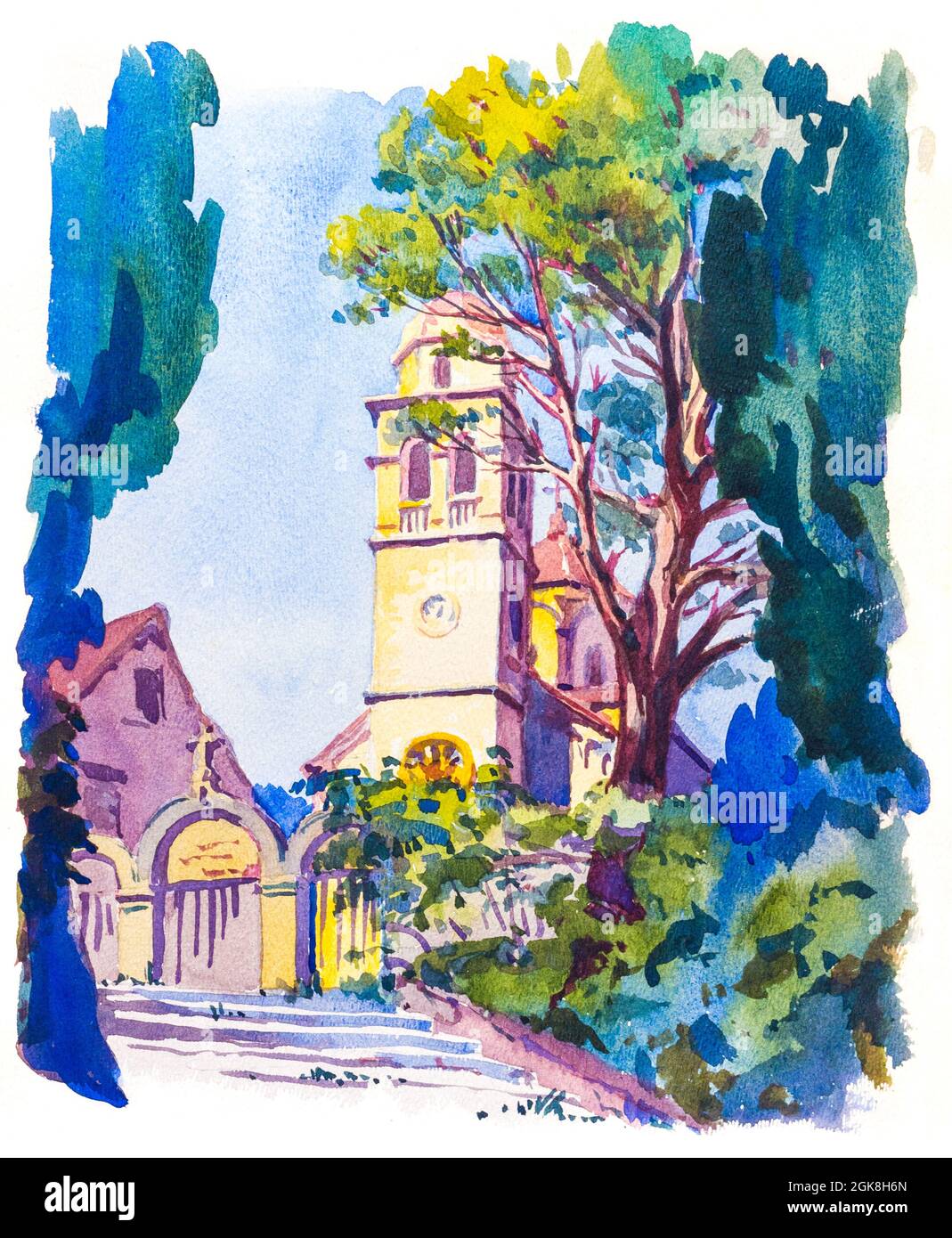 Church steeple, Croatia, Dalmatia, painted Gyorgy Hars, 1938 Stock Photo