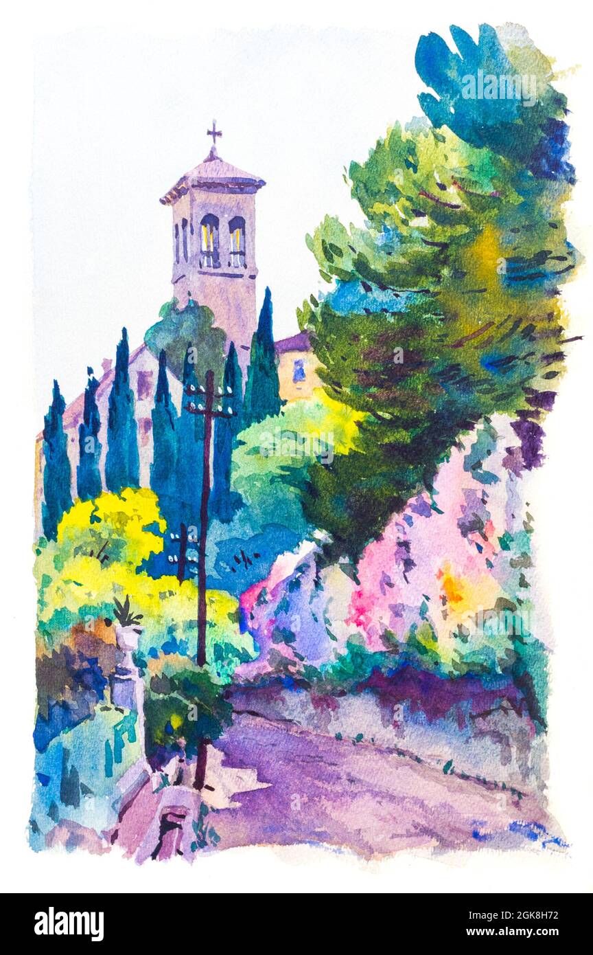 Church steeple, Croatia, Dalmatia, painted Gyorgy Hars, 1938 Stock Photo