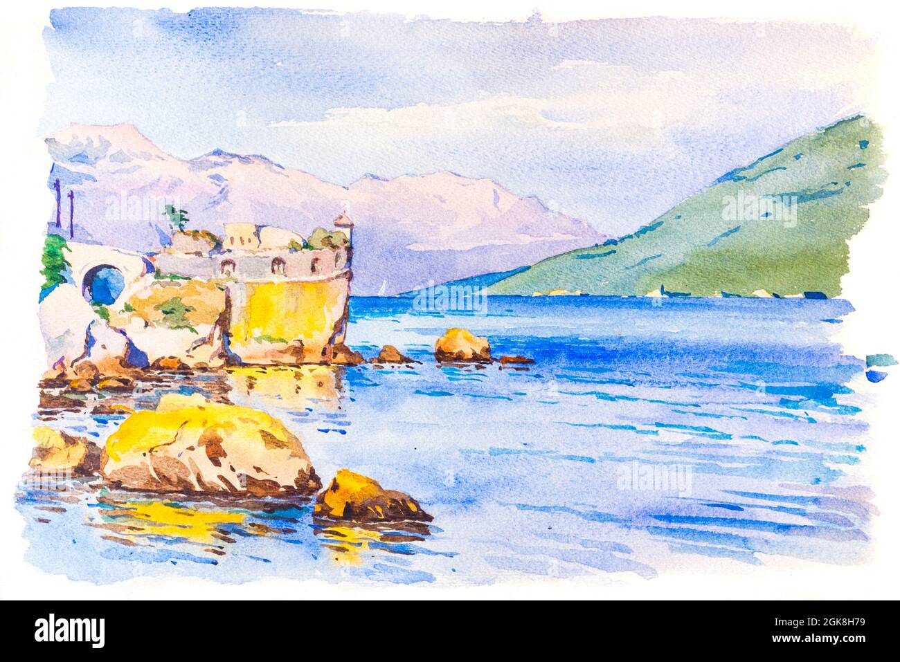 Ruins on coast of Adriatic Sea, Montenegro, near Mount Lovcen, Dalmatia, painted by Gyorgy Hars, 1938 Stock Photo