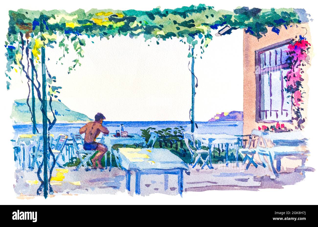 Restaurant with a guest at the seaside of the Mediterranean Sea at Dalmatia, location unknown, painted by Gyorgy Hars, 1938 Stock Photo