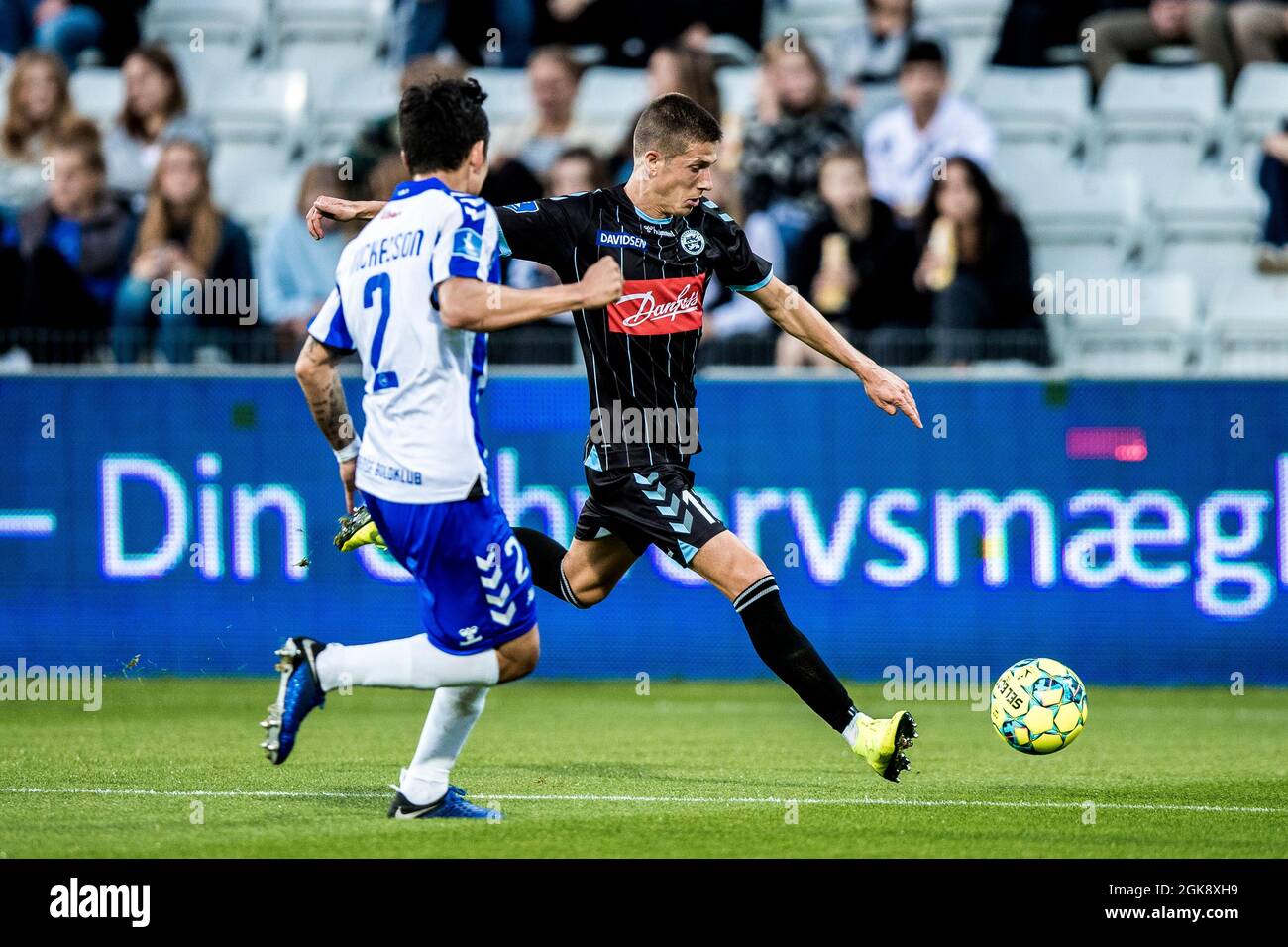 Odense, Denmark. 13th Sep, 2021. Daniel Prosser (17) of Sonderjyske seen  during the 3F Superliga match between Odense Boldklub and Sonderjyske at  Nature Energy Park in Odense. (Photo Credit: Gonzales Photo/Alamy Live