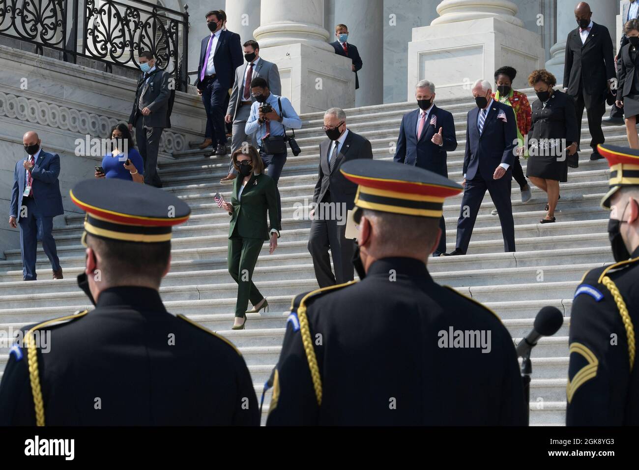 Washington, USA. 13th Sep, 2021. House Speaker Nancy Pelosi(D-CA)(first), House Republican Leader Kevin McCarthy(R-CA)(third) and Senator Chuck Schumer(D-NY)(second) with other members of Congress hold a special event about 9/11 Remembrance Ceremony, today on September 13, 2021 at East Front Center Steps/Capitol Hill in Washington DC, USA. (Photo by Lenin Nolly/Sipa USA) Credit: Sipa USA/Alamy Live News Stock Photo