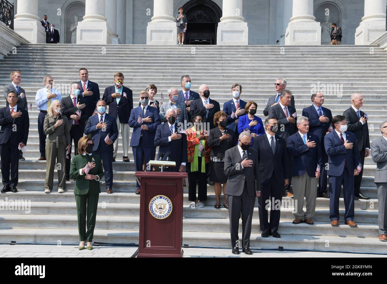 Washington, USA. 13th Sep, 2021. House Speaker Nancy Pelosi(D-CA)(left), House Republican Leader Kevin McCarthy(R-CA)(center) and Senator Chuck Schumer(D-NY)(right) with other members of Congress hold a special event about 9/11 Remembrance Ceremony, today on September 13, 2021 at East Front Center Steps/Capitol Hill in Washington DC, USA. (Photo by Lenin Nolly/Sipa USA) Credit: Sipa USA/Alamy Live News Stock Photo
