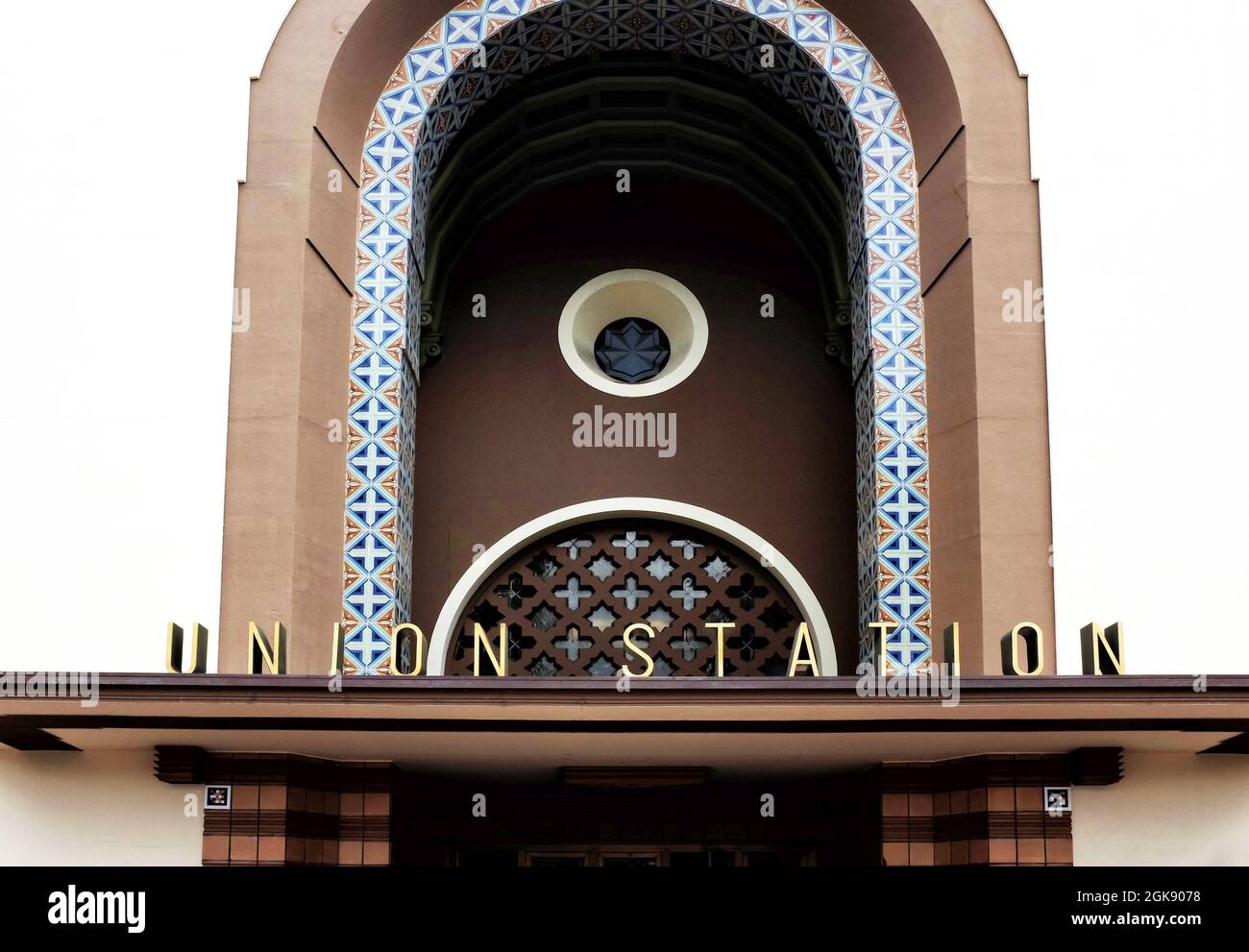 LOS ANGELES, CALIFORNIA - 18AUG 2021: Union Station sign over the Main Entrance. Stock Photo