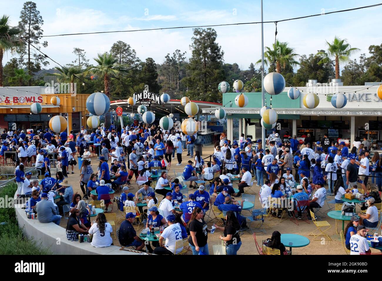LOS ANGELES, CALIFORNIA, 29 JUNE 2021: Fans gather in the Outfield Plaza of Dodger Stadium. Stock Photo