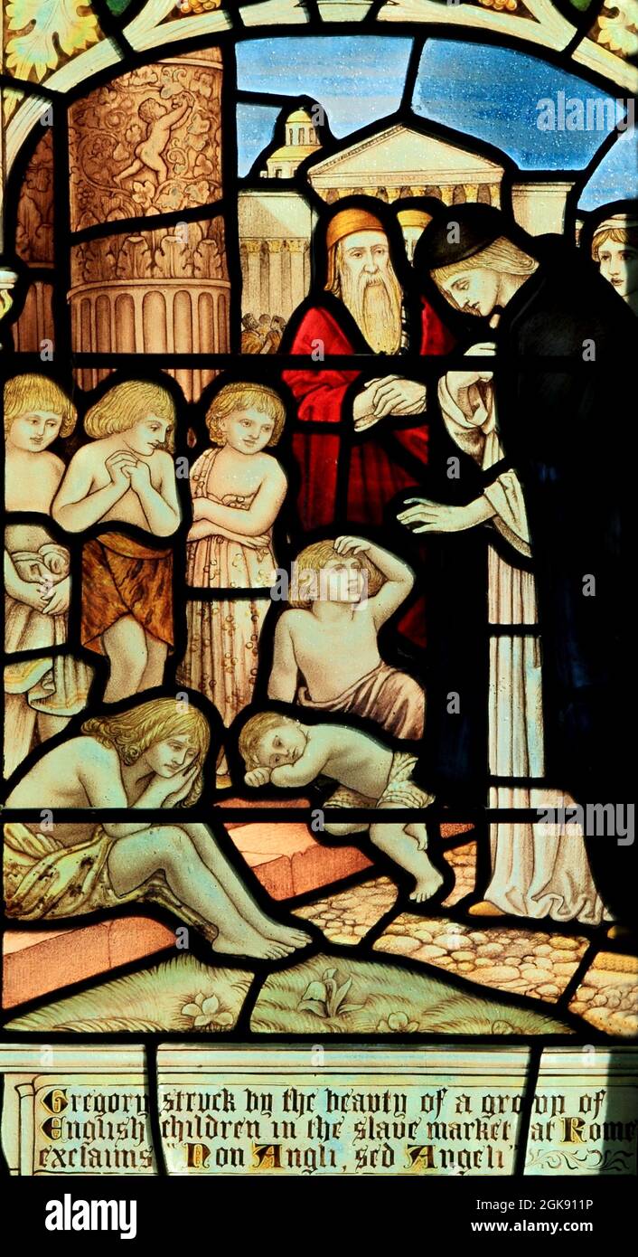 Pope Gregory, in slave market, in Rome, viewing English children, saying 'Non Angli, sed Angeli', not Angles, but Angels, stained glass Stock Photo