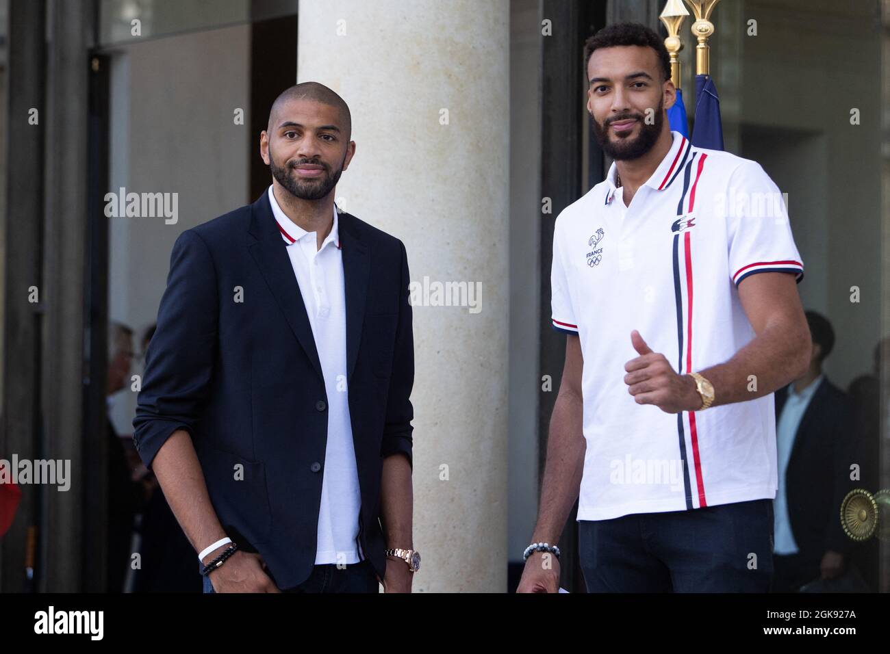 French basketball players Rudy Gobert and Nicolas Batum arrive prior to