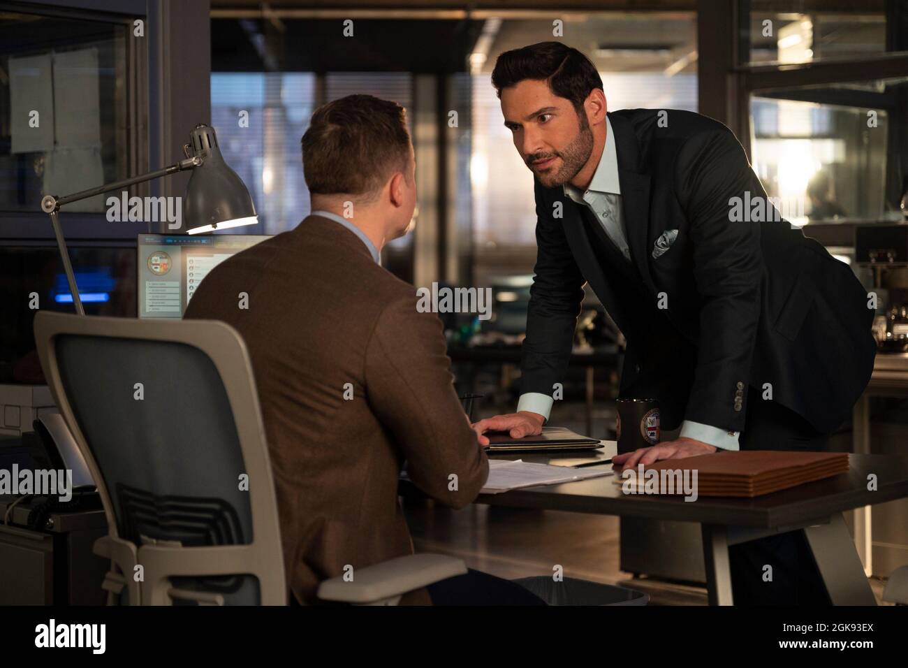 LUCIFER, from left Scott Porter (back to camera), Tom Ellis, Buckets