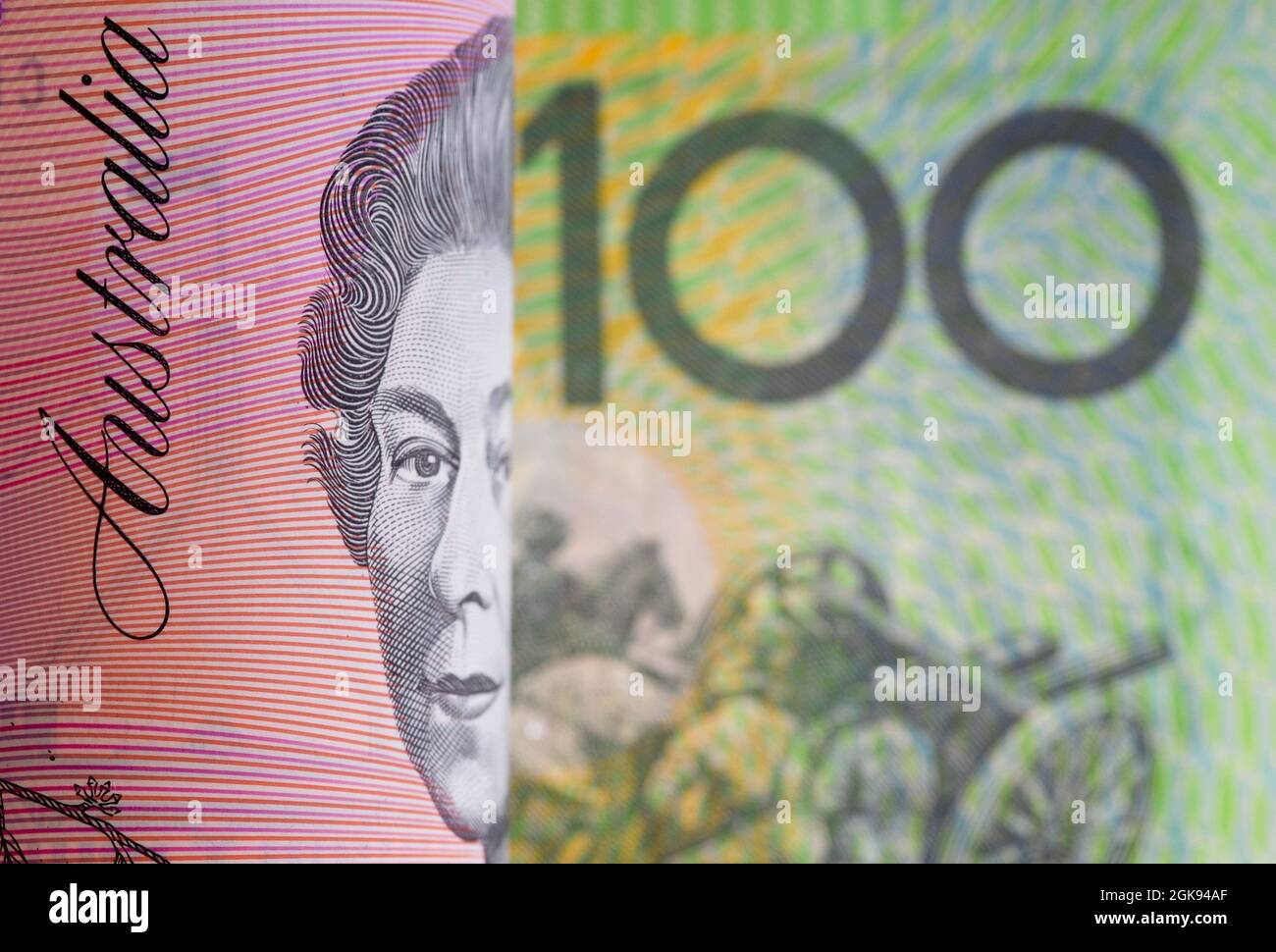Australien 100 dollar bill in front of 5 dollar bill with queen Elisabeth II, Australia Stock Photo