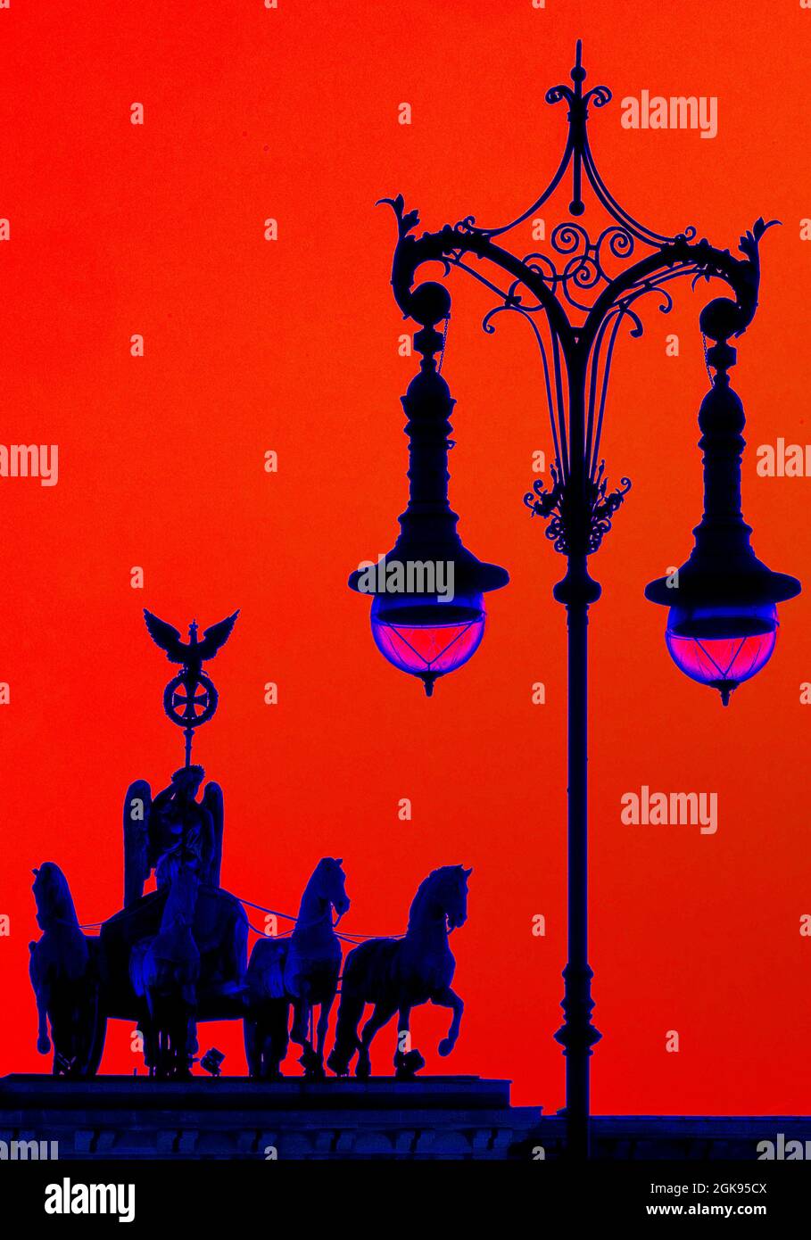Experimental photography based on the Quadriga on Brandenburg Gate with historic gas lantern, Pariser Platz, Germany, Berlin Stock Photo