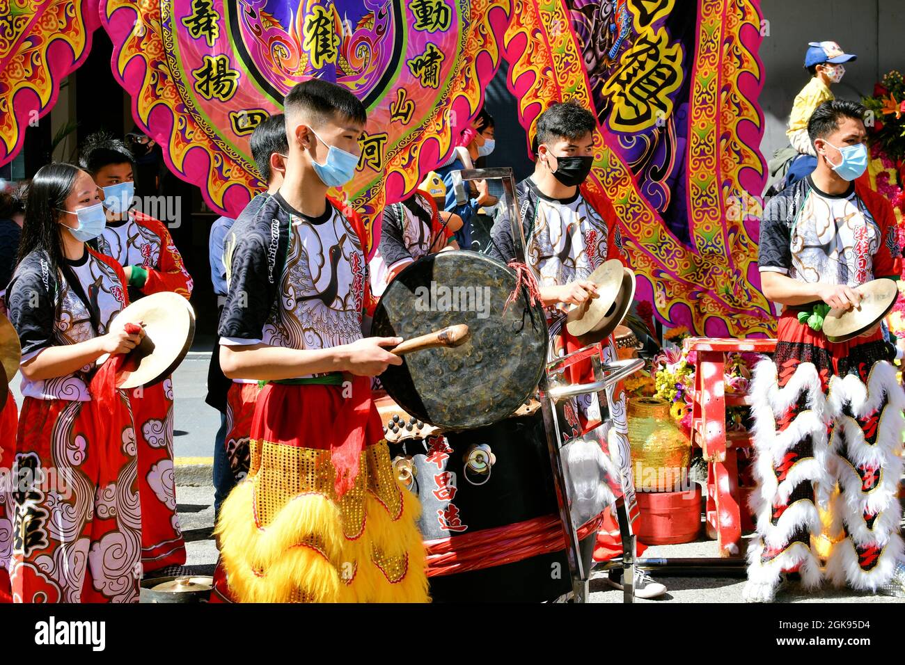 Lion dance musicians with traditional Chinese instruments at the 2021