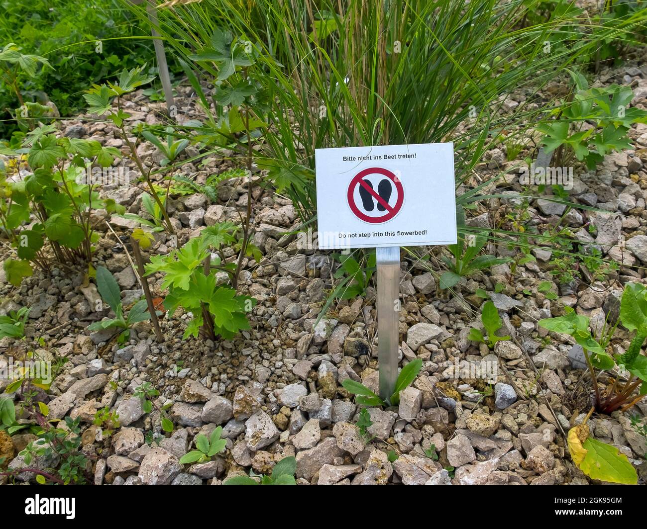 Prohibition sign at at Botanical Garden, Keep off the the flowerbeds, Germany, Hamburg-Flottbek Stock Photo