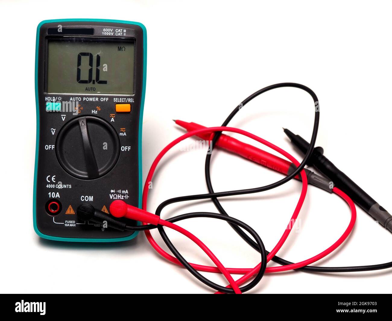 Picture of a digital multimeter, with red and black probe. Shoot on a