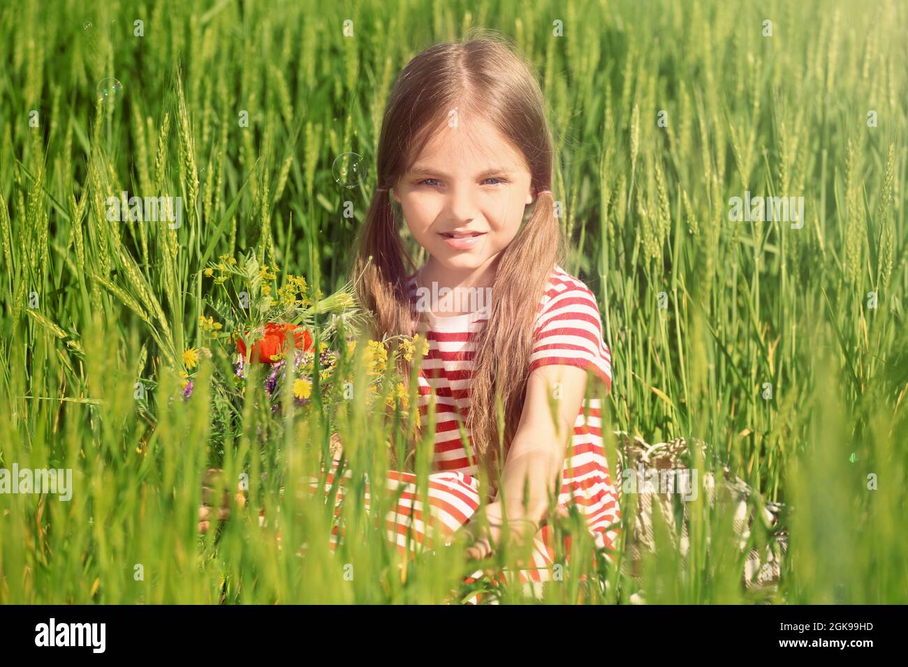 Little girl with bouquet of wildflowers in green field Stock Photo - Alamy