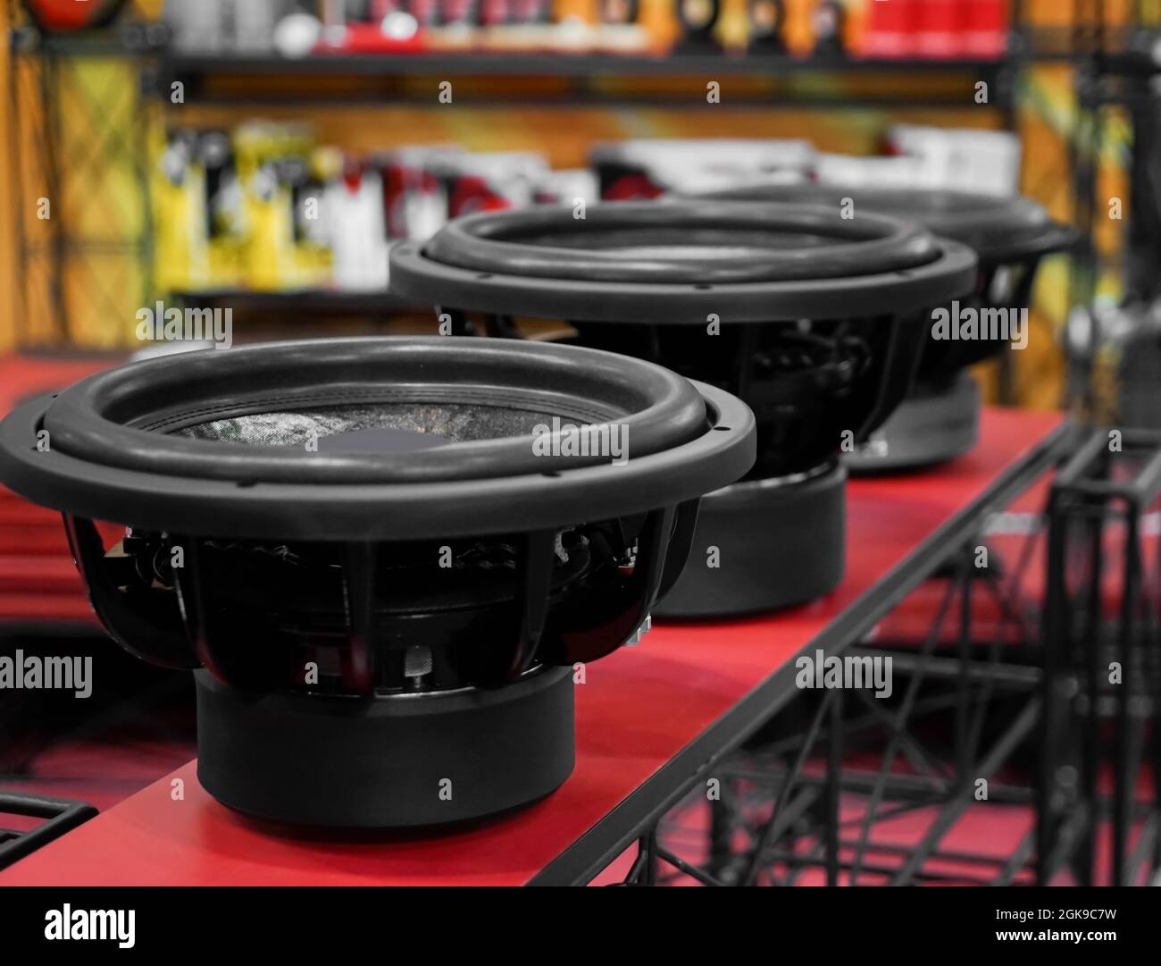 Car audio speakers presented in store Stock Photo Alamy