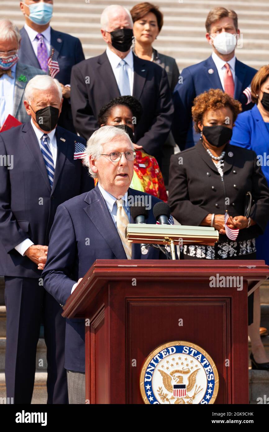 Washington DC, USA. 13th Sep 2021. Senate Minority Leader Mitch McConnell (R-KY) speaks during a ceremony on the Capitol steps in remembrance of the victims of the September 11th attacks. Credit: Allison Bailey/Alamy Live News Stock Photo
