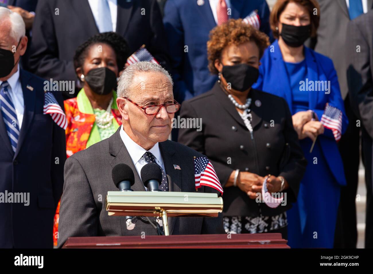 Washington DC, USA. 13th Sep 2021. Senate Majority Leader Chuck Schumer, Democrat of New York, speaks during a ceremony on the Capitol steps in remembrance of the victims of the September 11th attacks. Credit: Allison Bailey/Alamy Live News Stock Photo