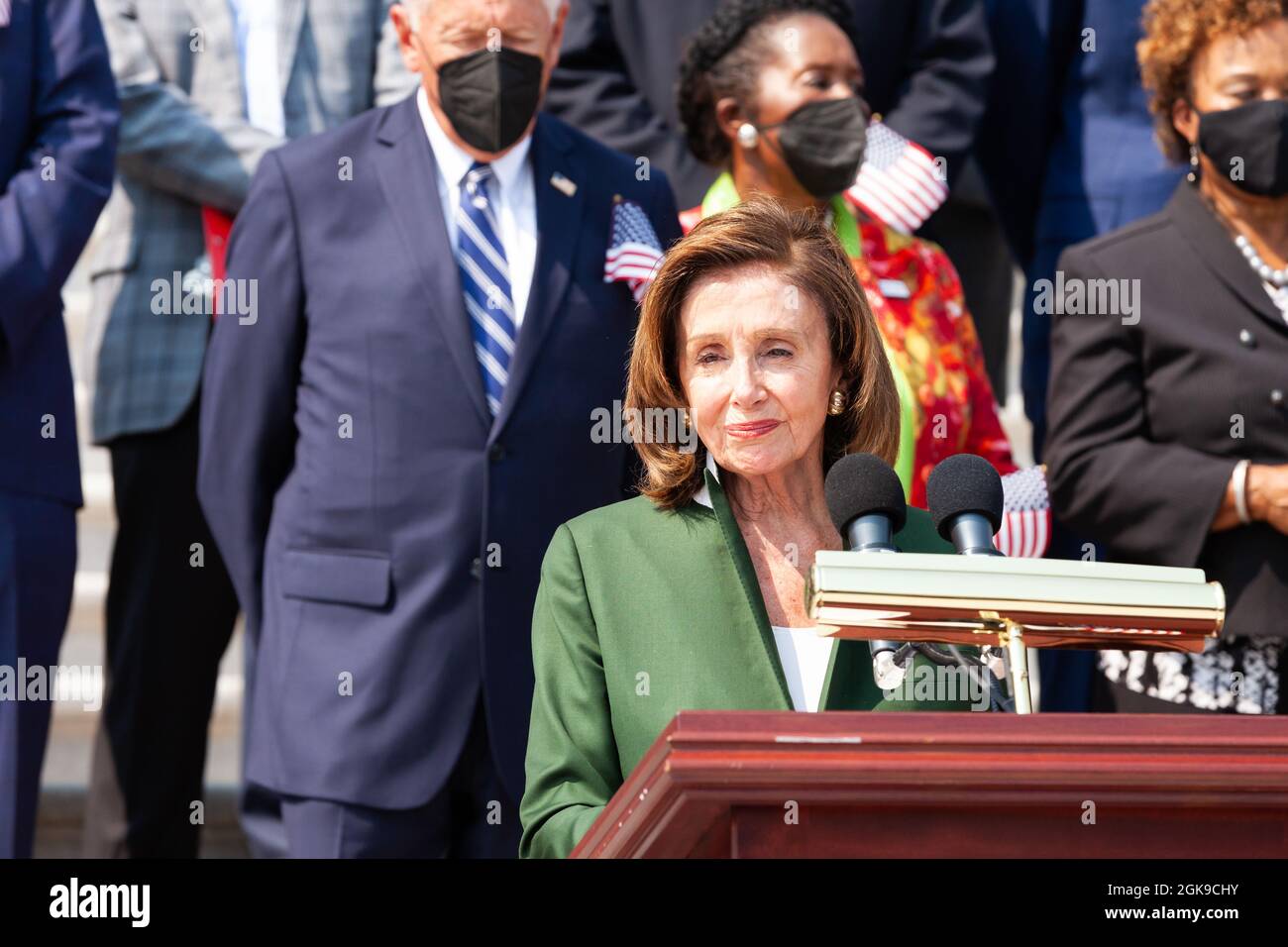 Washington DC, USA. 13th Sep 2021. House Speaker Nancy Pelosi, Democrat of California, delivers remakrs during a ceremony on the Capitol steps in remembrance of the victims of the September 11th attacks. Credit: Allison Bailey/Alamy Live News Stock Photo