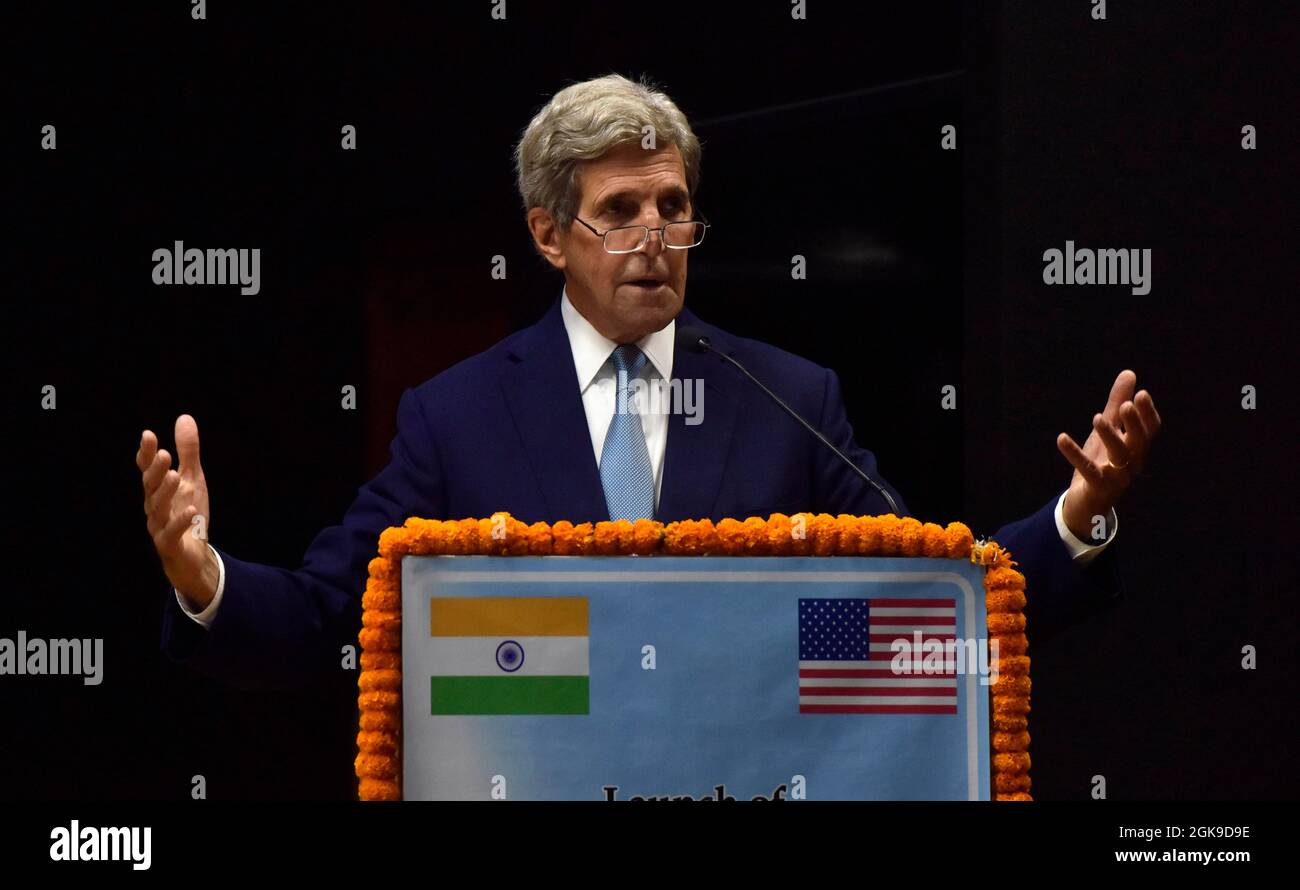 New Delhi, India. 13th Sep, 2021. NEW DELHI, INDIA - SEPTEMBER 13: John Forbes Kerry United States Special Presidential Envoy for Climate at the launch of climate action and finance mobilization dialogue under India - U S, climate and clean angry agenda 2030 partnership on September 13, 2021 in New Delhi, India. John Kerry arrived in India on Sunday for his two-day visit that aims to lay the groundwork for American efforts ahead of a key United Nations climate conference scheduled for November. (Photo by Mohd Zakir/Hindustan Times/Sipa USA) Credit: Sipa USA/Alamy Live News Stock Photo