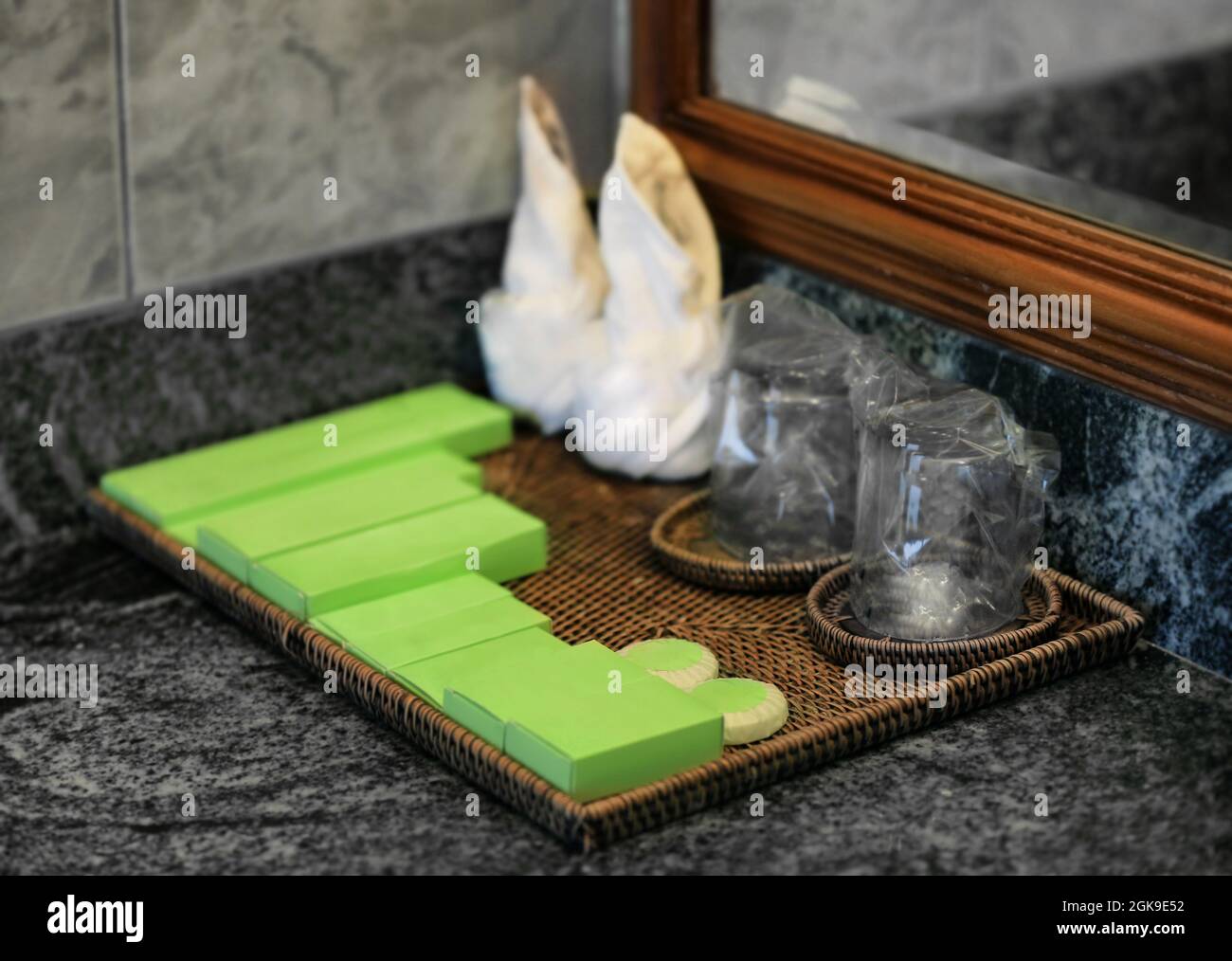 Set of cosmetic products in hotel bathroom Stock Photo Alamy