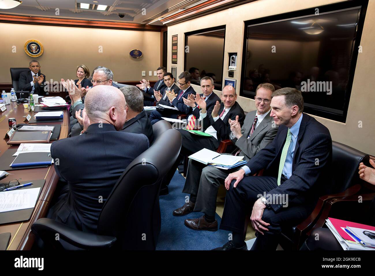 John Pistole, outgoing Administrator of the Transportation Security Administration, is applauded during President Barack Obama's meeting with members of the National Security Council in the Situation Room of the White House, Dec. 16, 2014. (Official White House Photo by Pete Souza) This official White House photograph is being made available only for publication by news organizations and/or for personal use printing by the subject(s) of the photograph. The photograph may not be manipulated in any way and may not be used in commercial or political materials, advertisements, emails, products, pr Stock Photo