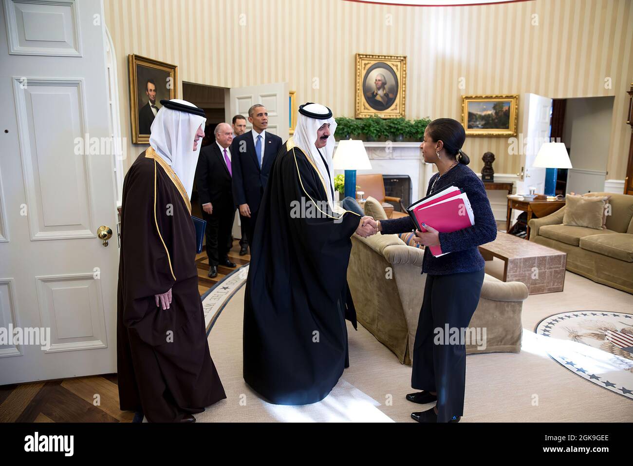 National Security Advisor Susan E. Rice greets Prince Mitib bin Abdallah bin Abd al-Aziz Al Saud, Saudi Arabia's Minister of the National Guard, prior to a meeting with President Barack Obama in the Oval Office, Nov. 19, 2014. At left is Amb. Adel Al-Jubeir, Saudi Ambassador to the U.S. (Official White House Photo by Pete Souza) This official White House photograph is being made available only for publication by news organizations and/or for personal use printing by the subject(s) of the photograph. The photograph may not be manipulated in any way and may not be used in commercial or political Stock Photo