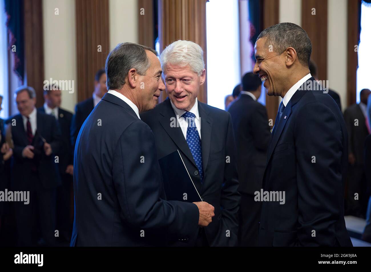 President Barack Obama and former President Bill Clinton speak with House Speaker John Boehner, R-Ohio, before a memorial service for former House Speaker Tom Foley, D-Wash. at the U.S. Capitol in Washington, D.C., Oct. 29, 2013. (Official White House Photo by Pete Souza)  This official White House photograph is being made available only for publication by news organizations and/or for personal use printing by the subject(s) of the photograph. The photograph may not be manipulated in any way and may not be used in commercial or political materials, advertisements, emails, products, promotions Stock Photo