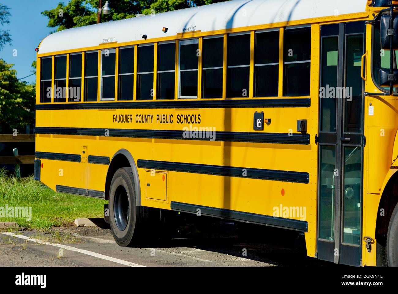 Marshall, Virginia, USA - September 3, 2021: Empty Fauquier County Public Schools busses parked near an elementary school sit vacant. Stock Photo