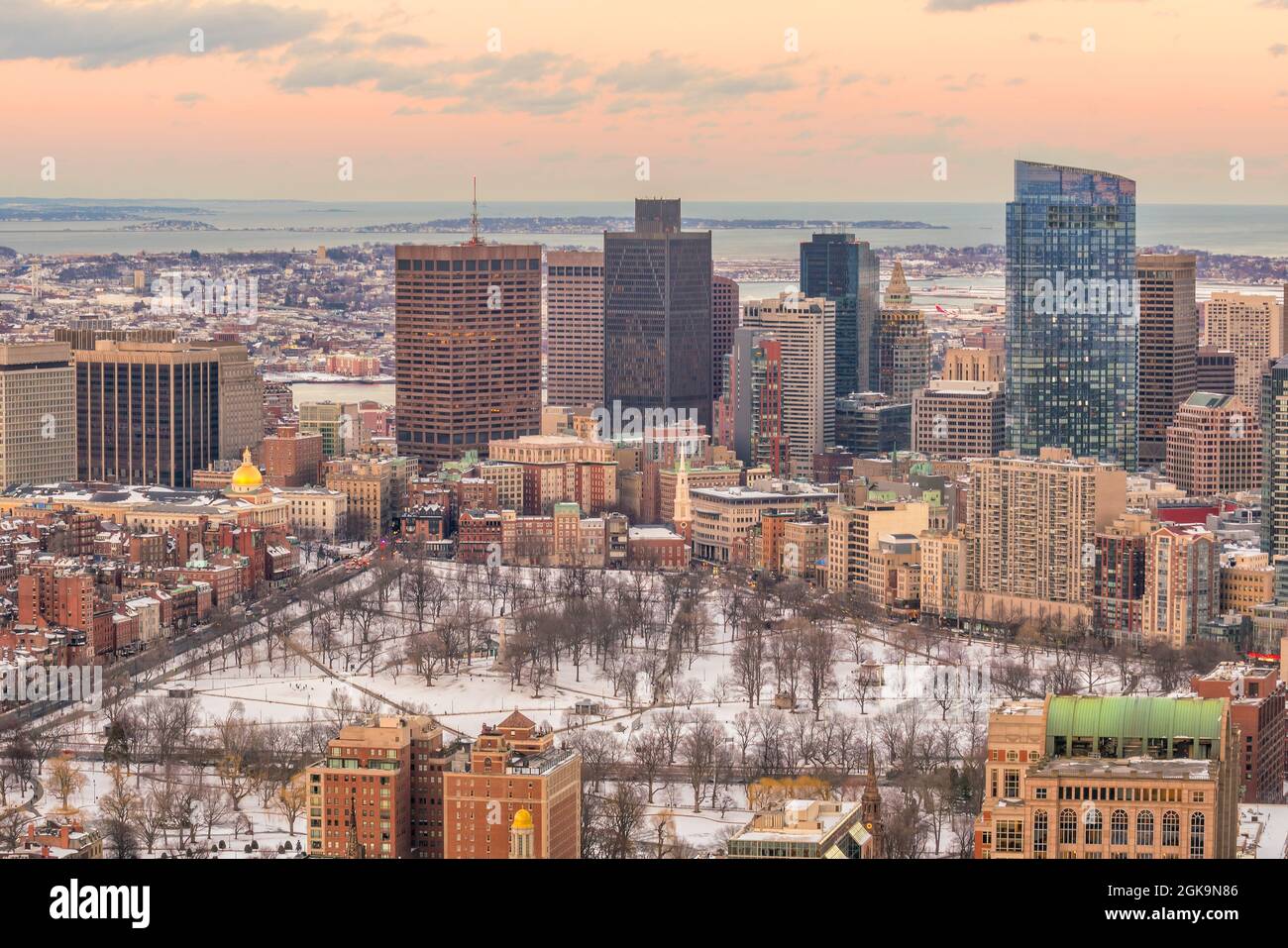 Aerial view of Boston skyline and Boston Common park in Massachusetts, USA at sunset in winter Stock Photo