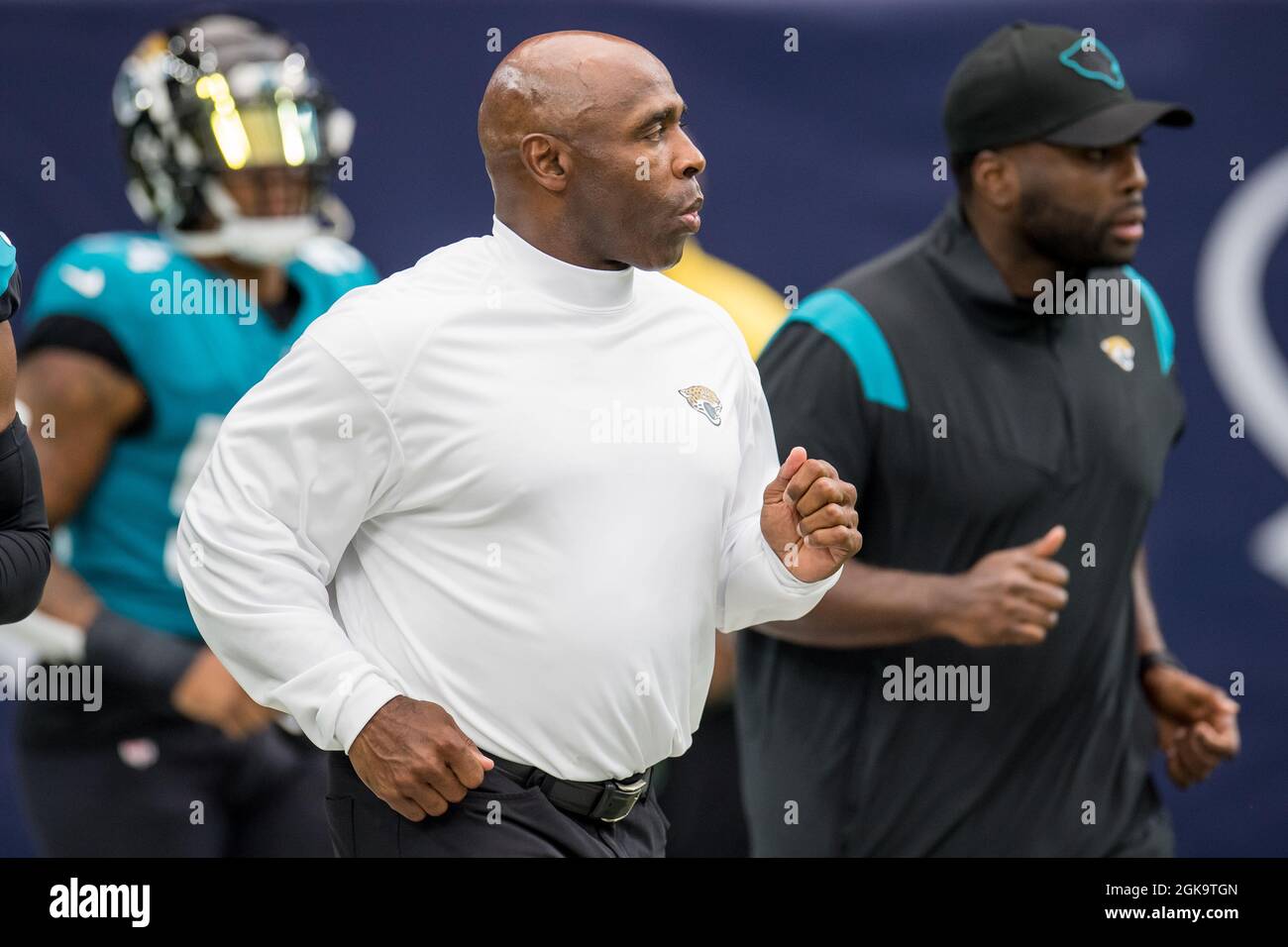 September 12, 2021: Jacksonville Jaguars assistant head coach Charlie  Strong enters the field prior to an NFL football game between the Jacksonville  Jaguars and the Houston Texans at NRG Stadium in Houston,