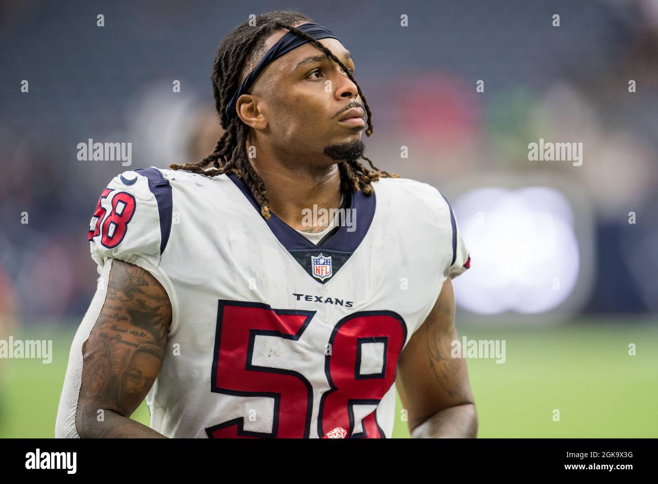 Houston, TX, USA. 12th Sep, 2021. Houston Texans outside linebacker  Christian Kirksey (58) leaves the field after an NFL football game between  the Jacksonville Jaguars and the Houston Texans at NRG Stadium