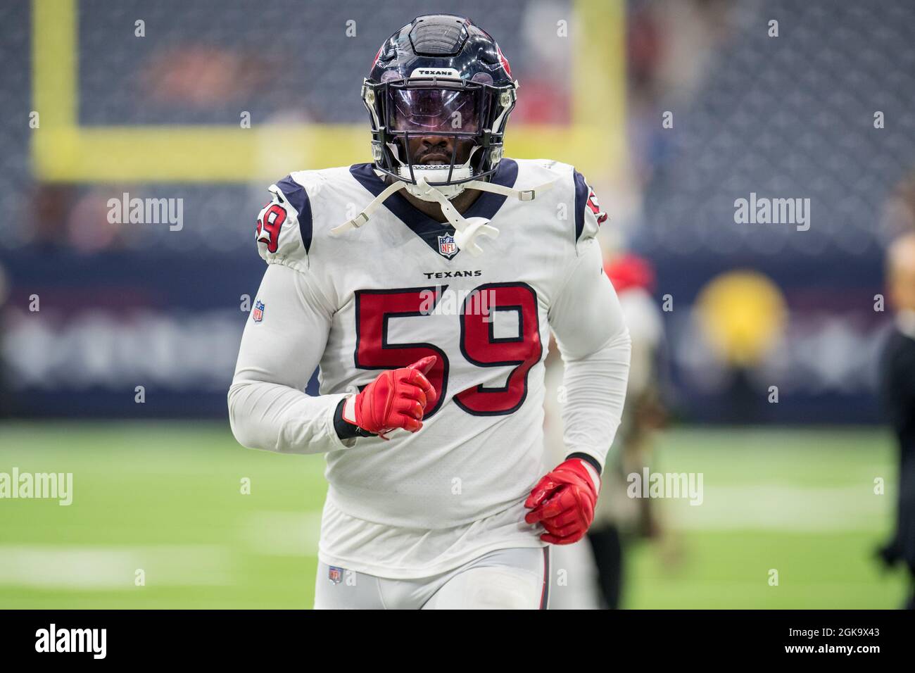 Houston, TX, USA. 12th Sep, 2021. Houston Texans defensive end Whitney Mercilus (59) leaves the field after an NFL football game between the Jacksonville Jaguars and the Houston Texans at NRG Stadium in Houston, TX. The Texans won the game 37 to 21.Trask Smith/CSM/Alamy Live News Stock Photo
